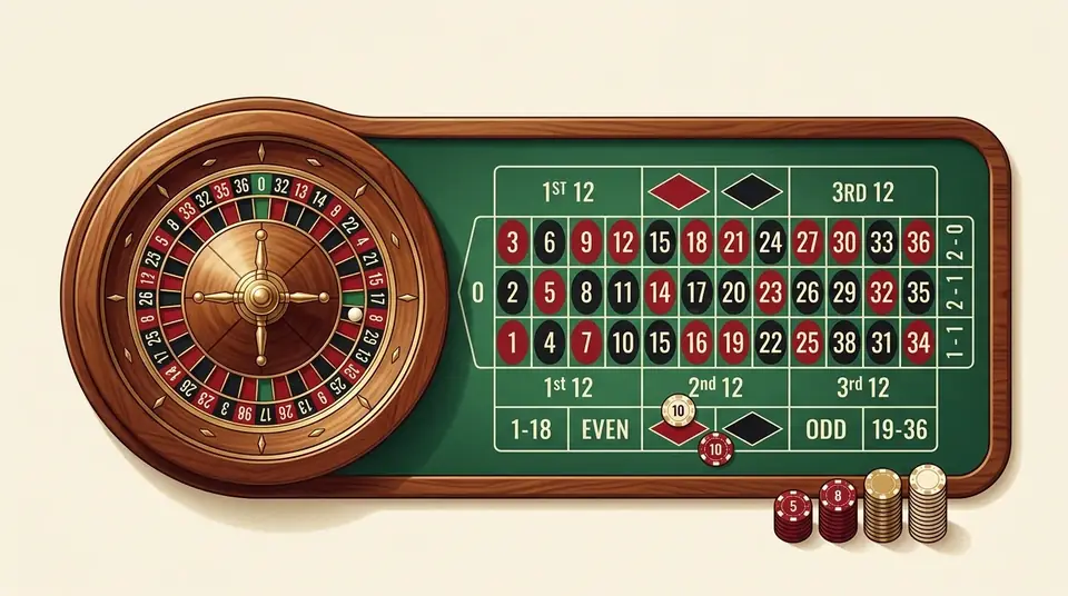 European roulette wheel and table layout illustration